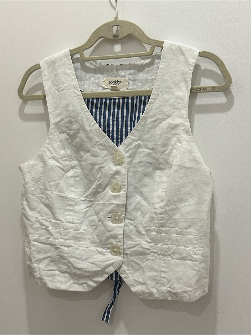Porridge White Linen Vest with Striped Lining